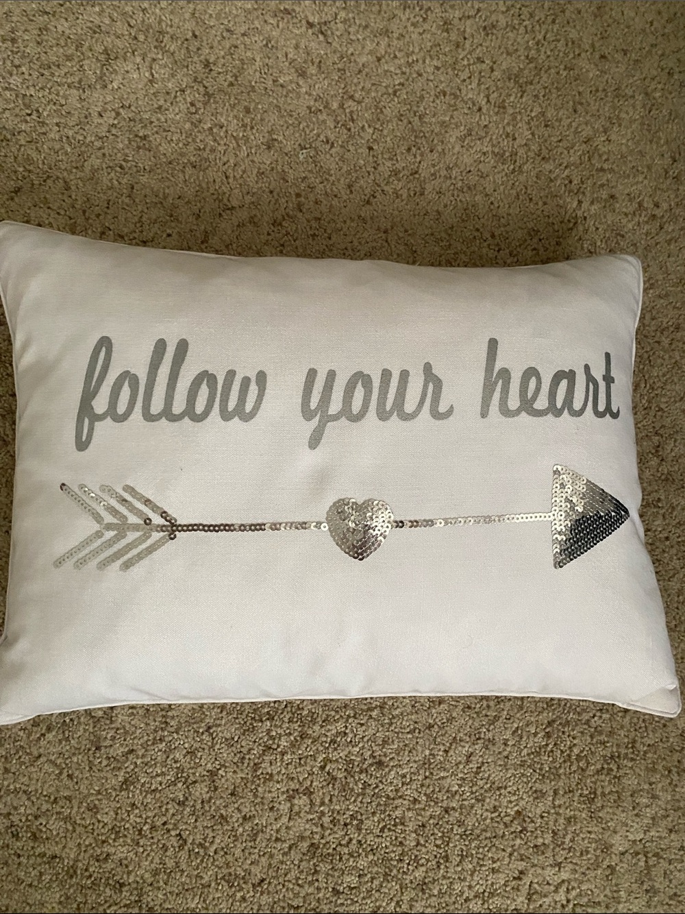 Follow Your Heart Silver Sequin Arrow Accent Pillow - White